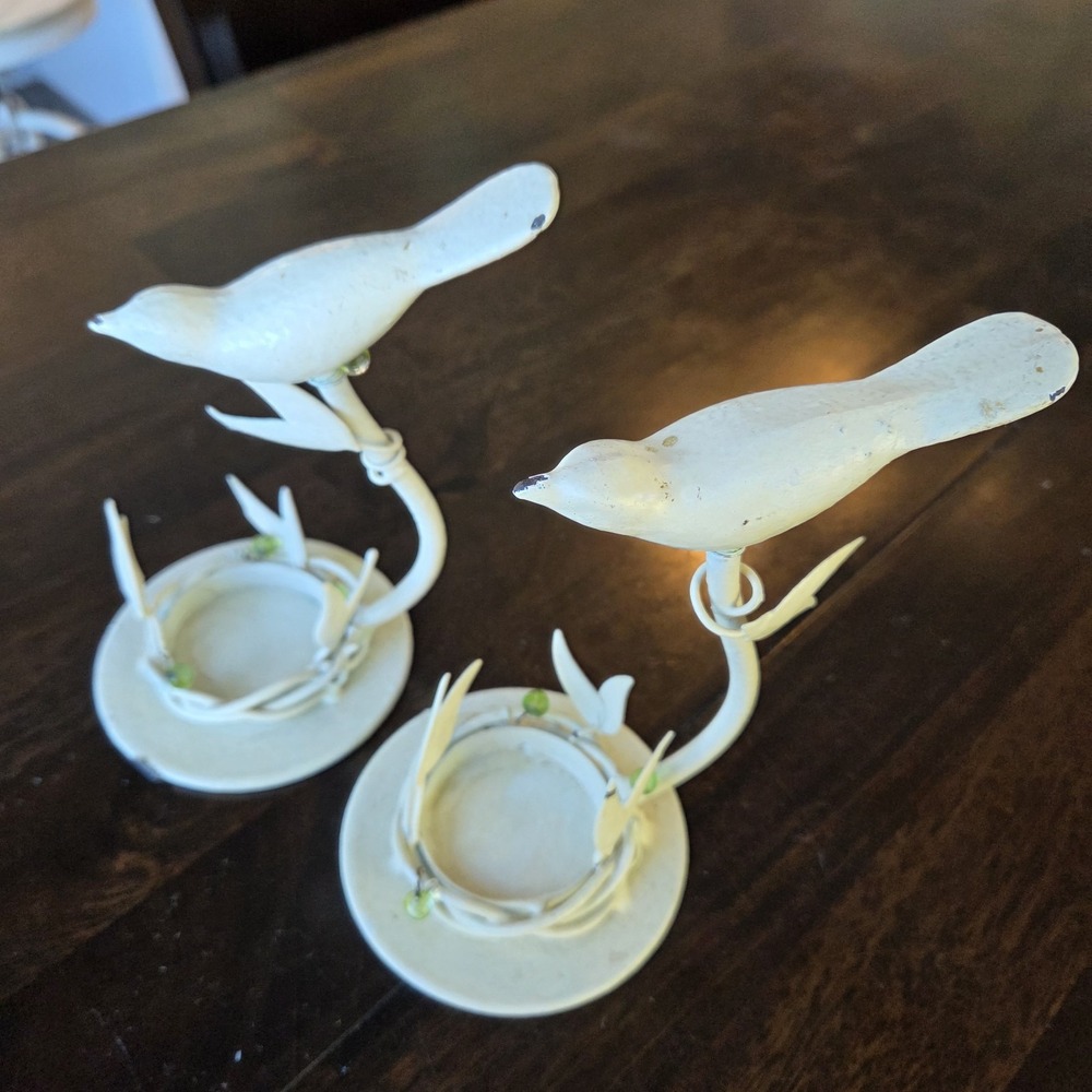 Shabby‎ Chic Pair Metal Bird Candle Holders With Green Beads Painted White